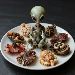 a beautifully photographed plate of strange and disturbing alien foods, professional stock photography unwatermarked