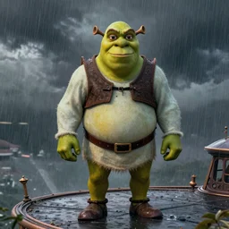 shrek vs armstrong on helipad during storm, beautiful and correct and high detail of the face, full body, vintage, long exposure, split toning, megapixel, dci - p 3, 1 6 - bit, ar, ocd, nonary, strobe, soft lighting, screen space global illumination, optics, anisotropy, ray tracing reflections, insanely detailed and intricate, hypermaximalist, elegant, ornate, hyper realistic, super detailed,