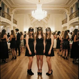 lomography, many young women, full body portrait photo of a reol in a wide victorian ballroom interior at a crowded masquerade party, wearing an ornate dress designed by antoni gaudi, moody, realistic, dark, skin tinted a warm tone, light blue filter, hdr, rounded eyes,, detailed facial features