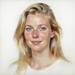 portrait painting of woman from scandinavia, 2 0, years old, blonde hair, daz, occlusion, smiling and looking directly, brushstrokes, white background, art by enki bilal