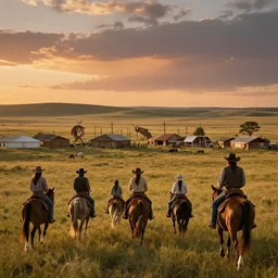 cowboys riding towards a native american village, sunset, prairie, cinematic, 4 k, detailed, by john berkey!!!!!! and peter jackson and ridley scott and beeple!!! and greg rutowski