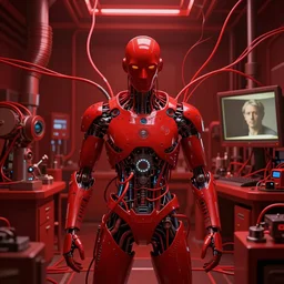 only with red, a red man in symbiosis with technology, red wires, in a red laboratory, dorohedoro vibes, in the style of beksinski, parts by edward hopper, parts by michael sowa, parts by yue minjun, intricate composition, red by caravaggio, highly quality, highly detailed, masterpiece, red light, artstation, 4 k