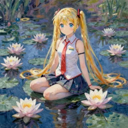 scenic illustration of Hatsune Miku in The Water Lily by Claude Monet