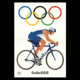 cycling poster for 1 9 6 8 olympic games by otl aicher. posterized, simple, flat. silver, blue, green, black. on white paper.