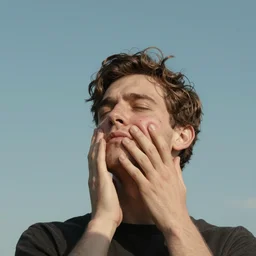 man scraping his face on the sky, surreal