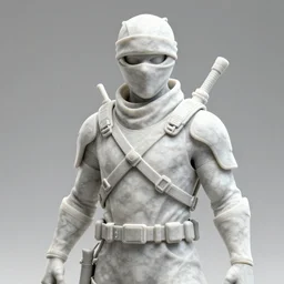 3 d rendering of marble statue of ninja wearing full face mask and hunter hat, combat suit, technological, all marble, octane render