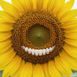 a photo of sunflower that have human teeth and mouth, smile