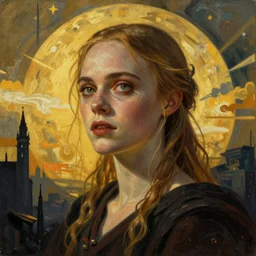 Elle Fanning in the painted world of Dark Souls, head and shoulders masterpiece, apocalypse, golden hour, cosmic horror, artstation, in the style of De Stijl, extremely detailed