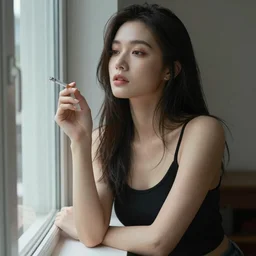 girl holding a cigarette next to the window, high modeling, high detail, very detailed face, ultra mega super hyper realistic, ultra mega super hyper beautiful, full body, the right hands,