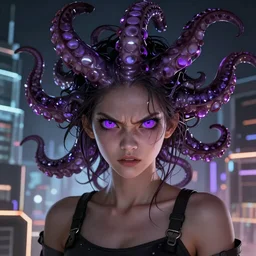 artstation young woman with purple eyes and tentacles on her head in fury, very detailed, in glass town, portrait, high contrast