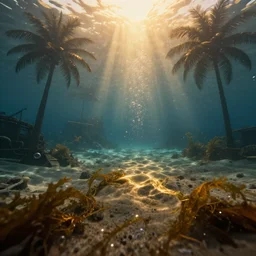 sunken city with underwater beach with palmtrees seaweed air bubbles, golden hour, caustics, shallow depth of field, moody lighting, 8 k, concept art,