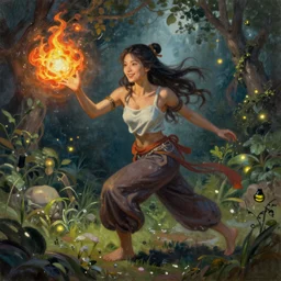 female portrait, smiling hapa sorceresswearing trousers chasing will-o-wisps casting a fireball in a garden, award-winning fantasy oil portrait