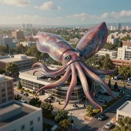 tilt shift image of mid century office in sunshine giant squid attack