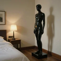 a liminal hotel room with a black glass statue, by balthus