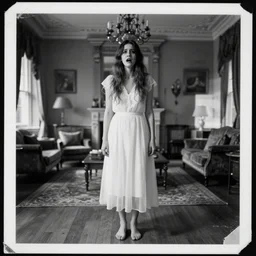 a double exposure of a beautiful full length portrait of a scream young woman, trapped, apparition, ghostly, white dress, with an estate agent photo of a stately home living room, scratched photo, damaged edges, black and white damaged photo