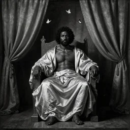Large black man sitting on throne wrapped in silk, background made of large folding curtains, black and white color, dimly lit, butterfly lighting, dark, renaissance painting in style of carrivagio