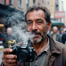 closeup portrait of a snake oil salesman in a smoky new york back street, by Annie Leibovitz and Steve McCurry, natural light, detailed face, CANON Eos C300, ƒ1.8, 35mm, 8K, medium-format print