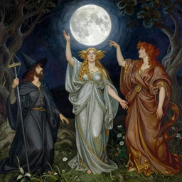 the goddess of witchcraft draws down the moon by Christophe Vacher and Gil Elvgren and Edward Burne-Jones