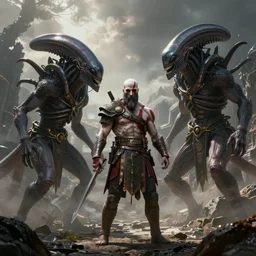 concept art prometheus kratos vs aliens, wide shot