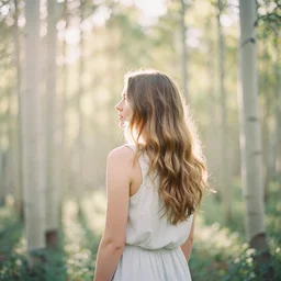 photograph of a beautiful!!! woman! from the back standing in aspen forest by mark owen. pastel colors. kodak portra 4 0 0 film!!. whirl bokeh!. mamiya 7. highly detailed. hq. photoreal. golden hour. lens flare. faded film. in - frame