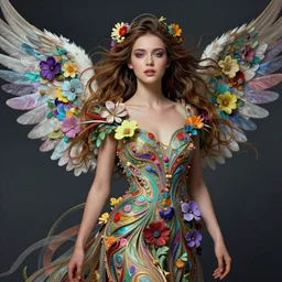 a super realistic young woman, fantasy, angelic wings, flowers, windblown, intricate, synthwave, retrowave, colorful, vibrant, highly-detailed, elegant, dramatic lighting, gorgeous face, lifelike, photorealistic face, long luxurious intricate gown, digital painting, artstation,  illustration, concept art, smooth, sharp focus, art by Jude Palencar, John Collier, artgerm, and Albert Aublet and Krenz Cushart and Artem Demura and Alphonse Mucha