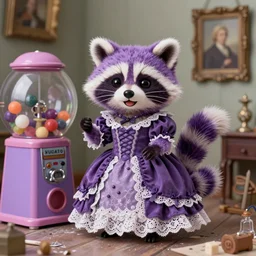 adorable 3 d purple littlest pet shop purple raccoon, vintage gothic gown, gumball machine, real fur, smiling, lace, cluttered diorama, master painter and art style of noel coypel, art of emile eisman - semenowsky, art of edouard bisson
