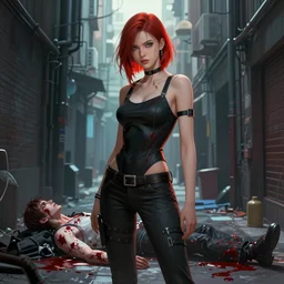 a woman standing in an alley with a bloody body, cyberpunk art by Tomer Hanuka, cgsociety, vanitas, ilya kuvshinov, 2d game art, official art