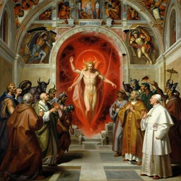 the sistine chapel's ceiling is broken is half as a red magical portal from hell opens up, lucifer morningstar emerges along with a few demons, the priests and the pope look at the scene with terror in their eyes. highly detailed painting by gaston bussiere, greg rutkowski, craig mullins 8 k