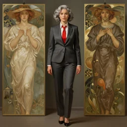 brandi love wearing a business suit, grey hair, red necktie, cinematic, stunning, highly detailed, digital painting, artstation, smooth, hard focus, full body shot, illustration, art by artgerm and greg rutkowski and alphonse mucha