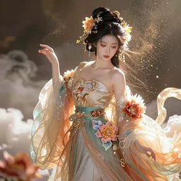 a beautiful female asian goddess of the flowers character, character is in all its glory, character is in her natural relaxed pose, rim lights, particles and dust in the air, fancy clouds, highly detailed professional photo, dynamic lights, particles are flying, depth of field, trending on artstation, professional illustration, hyper realistic, v-ray caustics, super detailed, colorful accents, cinematic shot