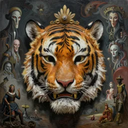 hyper realistic painting of tiger geisha mask by wayne barlowe, beksinski, hr giger, austin osman spare, bussiere, roberto ferri, rembrandt, luis ricardo falero, intrincate ornaments