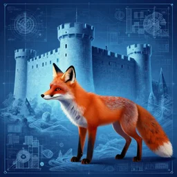 fortress fox, in the style of Greg Broadmore and Arthur Rackham and Moebius,trending on artstation, light lighting side view,digital art,surrealism ,macro,blueprint ,vaporwave ,