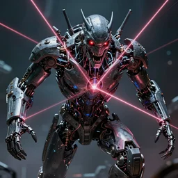 intense frightening Android, futuristic , very detailed, dramatic laser lighting, detailed mechanical hands, electrical  details, high details, 4k, 8k, trending on artstation, by Hajime Sorayama and Boris Vallejo