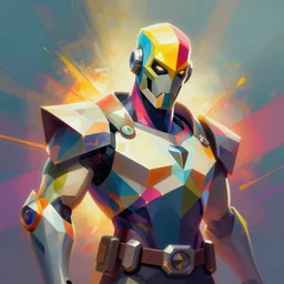 A portrait of Junkrat, geometric shapes, spray paint, vibrant colors
