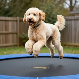 action shot of a large blonde labradoodle jumping on a trampoline
