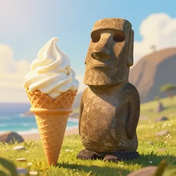a moai next to a large vanilla ice cream cone, digital art, golden hour time, bright, low depth of field trending on artstation