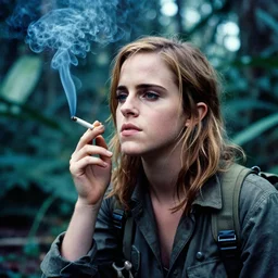 film still, extreme far view, redneck emma watson smoking cigarette, jungle, vietnam door gunner, apocalypse now, associated press,, 2 6 mm, kodak ektachrome, blue tint expired film,