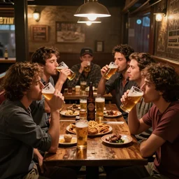 table full of people drinking beer at a pub, digital art, great atmosphere, trending on artstation