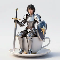 girl in armor with sword and shield sitting in a tea cup, chibi style, pixel art, digital art, character design
