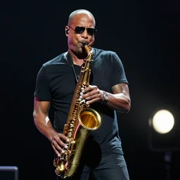 photo still of kenny g on stage at vans warped tour!!!!!!!! at age 4 8 years old 4 8 years of age!!!!!!! playing saxophone, 8 k, 8 5 mm f 1. 8, studio lighting, rim light, right side key light