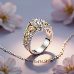 intricate!! nordic ring and necklace and ear, silver and gold and diamond, isolated on a dreamy background. flowers in the background, refraction, occlusion, filigree, lower and upper levels, keyshot render, octane render, vray render
