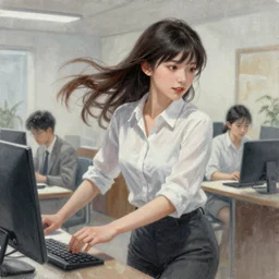 dynamic composition, motion, ultra-detailed, incredibly detailed, a lot of details, amazing fine details and brush strokes, colorful and grayish palette, smooth, HD semirealistic anime CG concept art digital painting, watercolor oil painting of a young office lady, by a Chinese artist at ArtStation, by Huang Guangjian, Fenghua Zhong, Ruan Jia, Xin Jin and Wei Chang. Realistic artwork of a Chinese videogame, gradients, gentle an harmonic grayish colors.