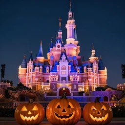 hyper realistic photograph wallpaper of disneyland during halloween, at night