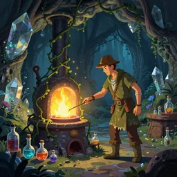 in the underground crystal cave forest, an alchemist's smelting furnace wrapped by vines emits mysterious light. beside the smelting furnace are all kinds of potion bottles. ) ) ) ) ) ) and the atmosphere is very strong ) ) ), trending on artstation, illustrated by greg rutkowskia, 4 k digital art, the style of borderlands 2