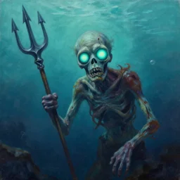 painting by daniel gerhartz of a drowned zombie with glowing!! cyan!! eyes, holding a trident, underwater