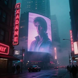 city streets, neon signs, giant screens, eerie fog, blade runner, ex machina
