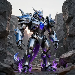 Snarling biomechanical anthropomorphic robot dragon armor standing in a rock quarry, high contrast, magic hour photography, good value control, rule of thirds, centered, science fiction, silver and blue color schemes, rubber suit, glowing eyes, glowing mouth, low purple flame, high quality, 4k, matte painting, very detailed, concept art, illustration, League of Legends Character Splash Art