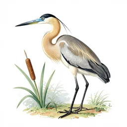 Bird book illustration of a golden heron with light blue eyes and long white crest and long black legs, white background with cattail plants, By John James Audubon