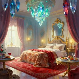 Fantasy illustration by Clyde Caldwell This lavish bedchamber is brightly illuminated by a soft glow emanating from what look like large, faceted crystals in a blue, green, and red color scheme hanging from the ceiling. A plush, deep-pile red rug covers the floor between a large bed covered in woollen blankets and silk throws and a finely bedecked table set with fine food and drink. A large, gilded mirror hangs on the far wall.