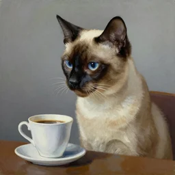 A portrait of a siamese cat that has a long neck drinking coffee, oil painting by Salvador Dali